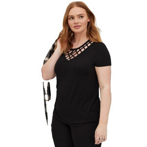 Torrid Lattice Caged Neck Knit Top Womens Plus Size 2x 2 Black Short Sleeve